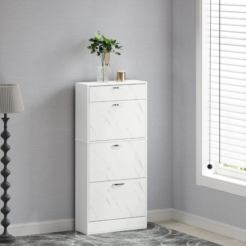 HOMCOM Marble Shoe Storage Cabinet with 3 Flip Drawers, Hallway Cabinet with Top Drawer and Adjustable Shelves, Shoe Cupboard for 18 Pairs, White