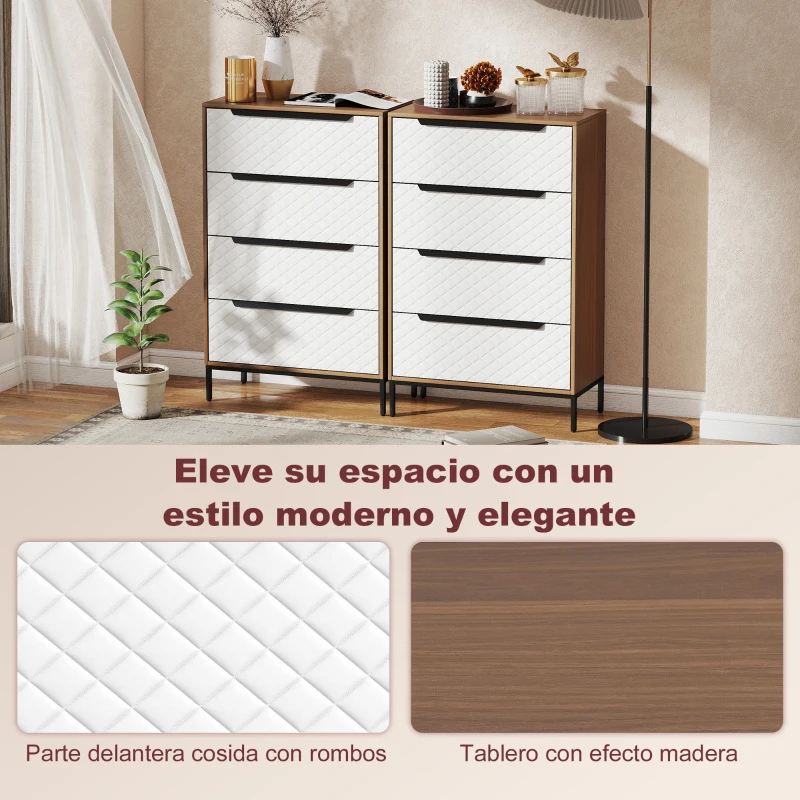 HOMCOM Cómoda con 4 Cajones de Tela Frentes con Patrón de Diamante para Salón Oficina Vestidor Natural y Blanco