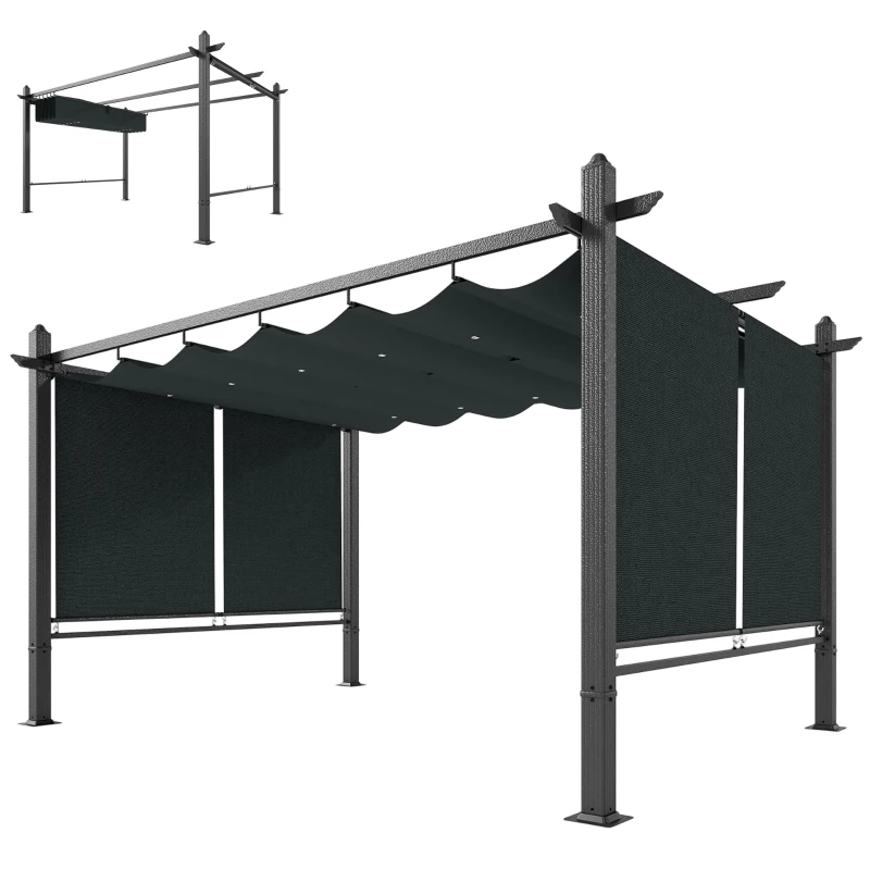 Outsunny Pérgola de Jardín 4x3 m con Cortinas Enrollables Automáticas y Techo Retráctil Cenador de Jardín con UPF50+ Gris Oscuro