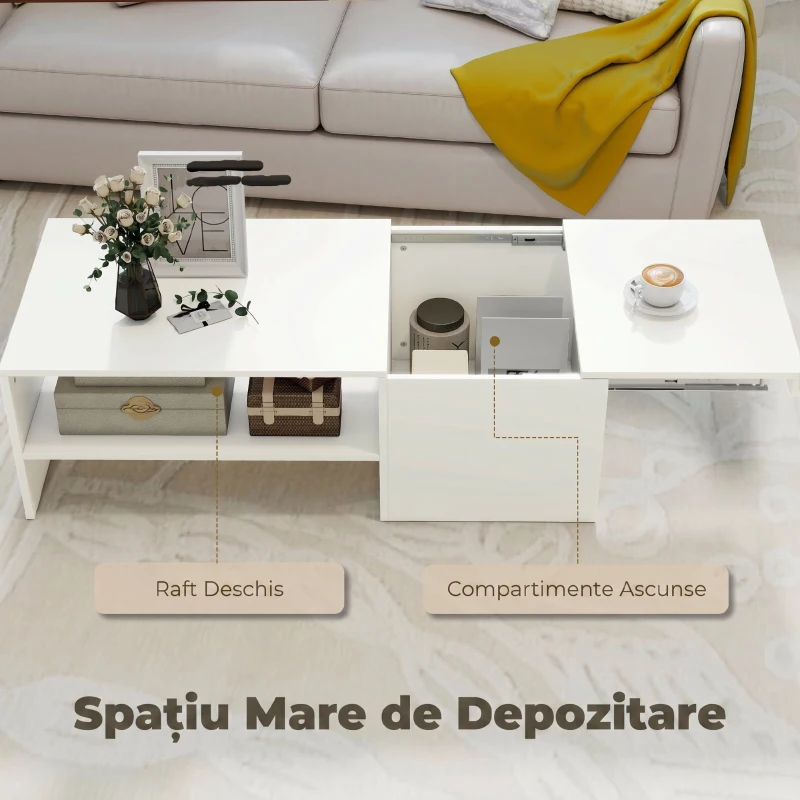 HOMCOM Măsuță de Cafea din Lemn cu Blat Glisant și Raft Deschis și Ascuns, 110x52x36 cm, Alb