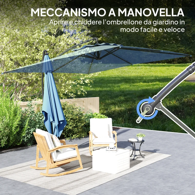 Outsunny Ombrellone Decentrato con Base e Croce, Prese d'Aria e Manovella, in Metallo e Poliestere, 3x3.25 m, Blu