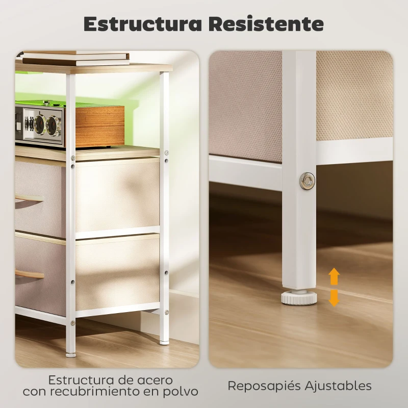 HOMCOM Mueble de TV con Luz LED y Enchufes Puertos USB Estantes Abiertos 4 Cajones plegables 120x30x67,5 cm Beige y Blanco