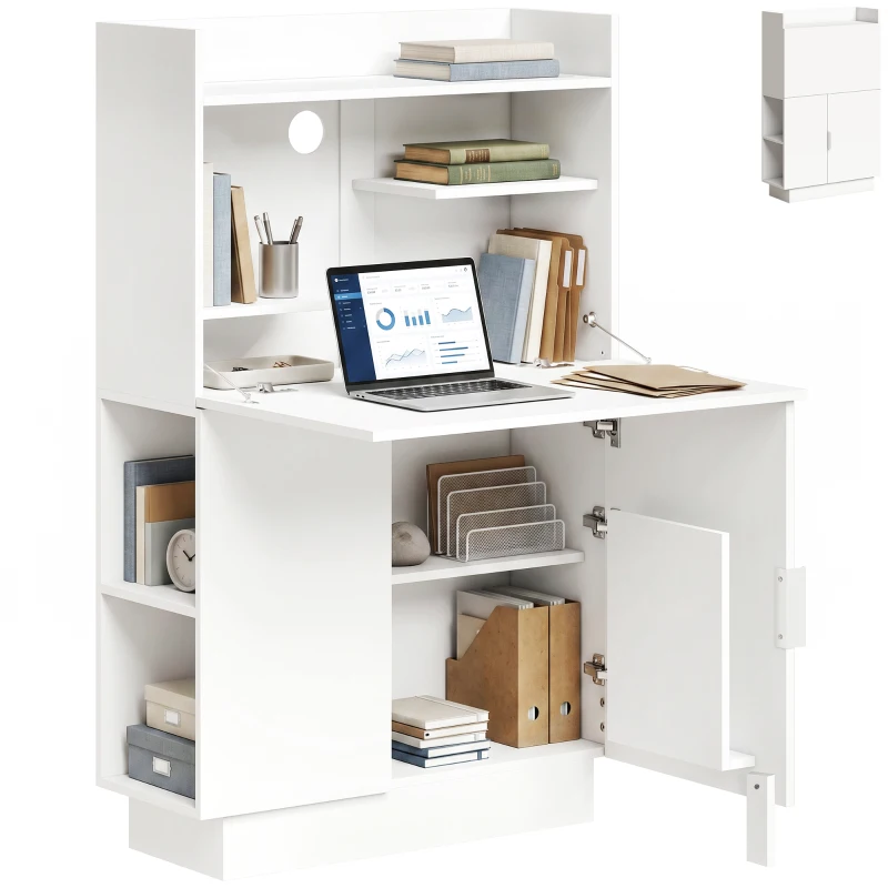 HOMCOM Computerschreibtisch Klappschreibtisch mit Regalen und Schrank für das Homeoffice, 128 cm hoch, Weiß