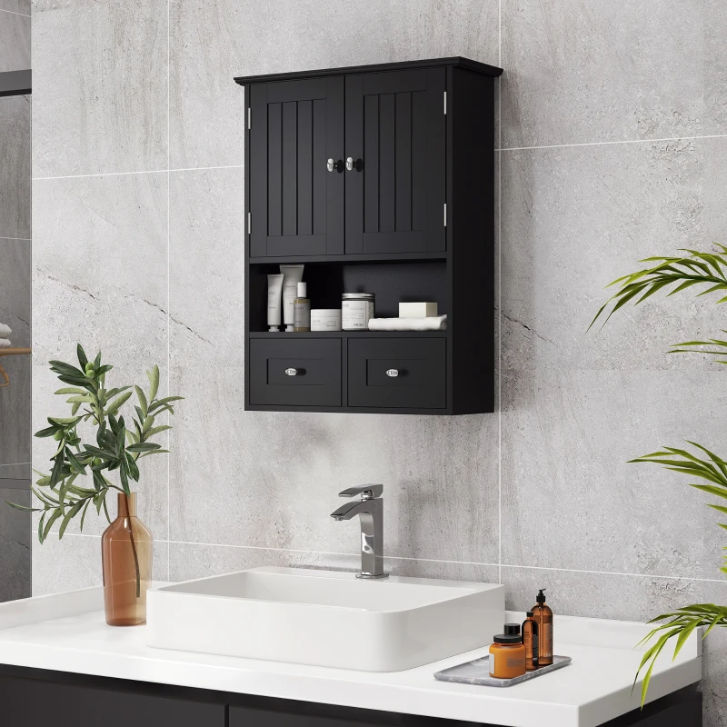 kleankin Armario de Baño de Pared Armario Colgante Mueble Suspendido de Baño con 2 Puertas y 2 Cajones 50,8x17,8x66 cm Negro