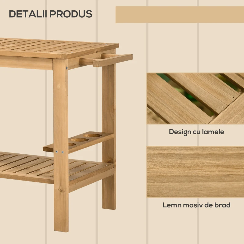 Outsunny Cărucior de Servire pentru Grădină din Lemn de Brad, Cărucior cu Rafturi și Suport pentru Sticle, 95x47x74 cm, Natural