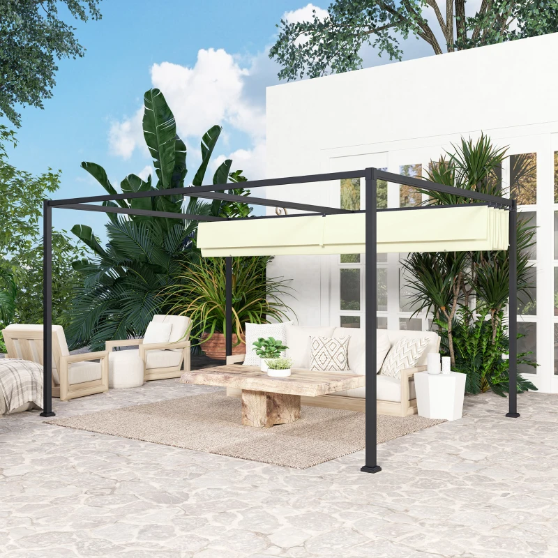 Outsunny Pergola Gazebo da Esterno 4x3 m con Tettuccio Retrattile in Metallo e Poliestere, Crema