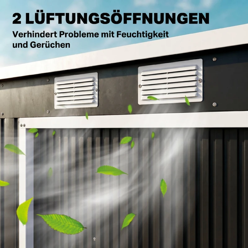 Outsunny Geräteschuppen, mit Lüftungsfenstern, Schiebetüren, verzinkter Stahl, 213 x 130 x 172 cm, Dunkelgrau