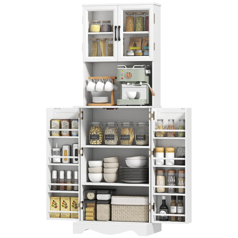 HOMCOM Mobile Dispensa Cucina con 2 Armadietti e 8 Ripiani, in Legno e Acrilico, 60x39.5x179.6 cm, Bianco