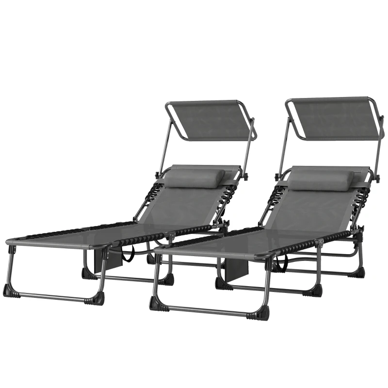 Outsunny Set de 2 Tumbonas Plegables con Reposacabezas Parasol Bolsillo Lateral y Respaldo Reclinable en 5 Posiciones Gris