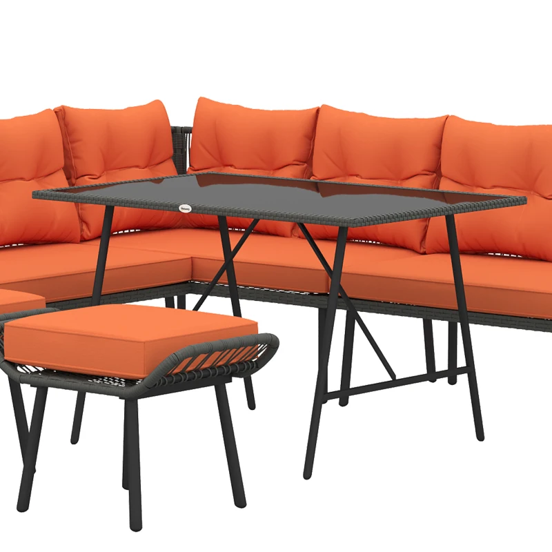 Outsunny 6 Piece Rattan Garden Furniture Set, 8 Seater Garden Corner Sofa with Cushions and Glass Top Table, Orange