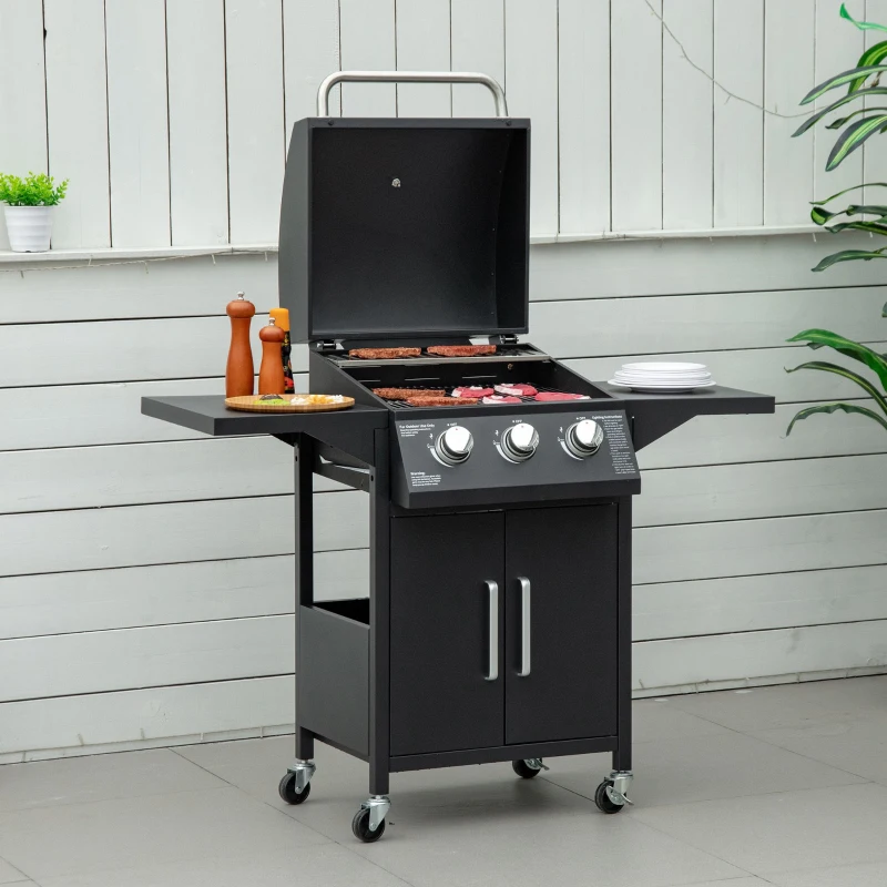 Outsunny Barbacoa de Gas con 3 Quemadores 8,7 KW con 2 Mesas Laterales Armario de 2 Puertas 4 Ruedas y Frenos 121x55x109 cm Negro