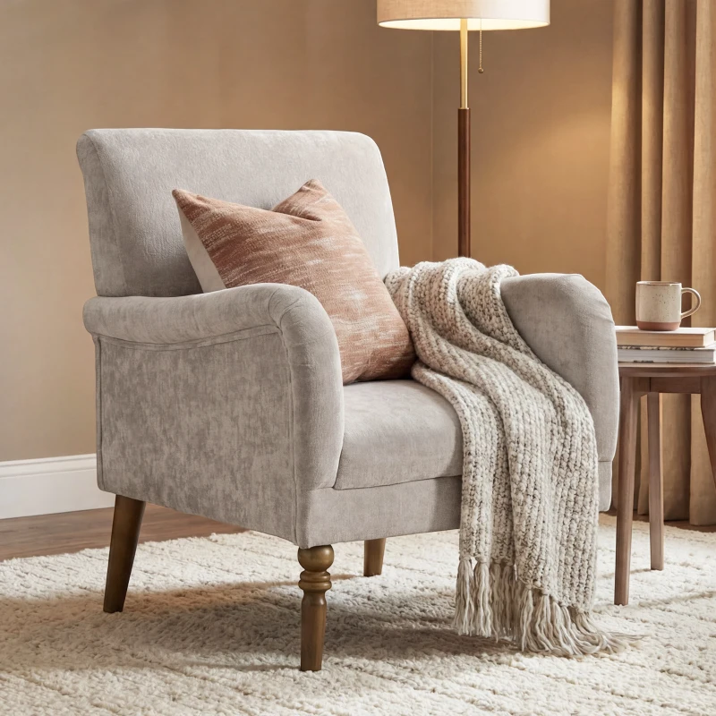 HOMCOM Fauteuil de salon, canapé 1 place avec dossier haut, accoudoirs, assise large, pieds en bois d'hévéa, tissu en lin, gris