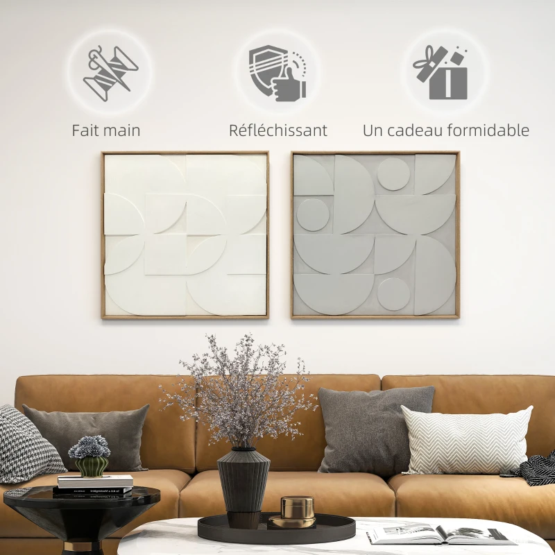 HOMCOM Lot de 2 tableaux abstraits 3D, décoration murale en bois géométrique, pour salon, chambre, bureau, 80 x 80 cm, blanc