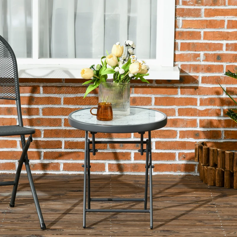 Outsunny Φ45cm Garden Side Table, Outdoor Round Folding Patio Table with Imitation Marble Glass Top, Small Coffee Table, White