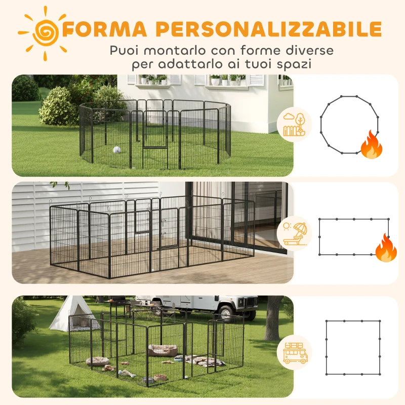 PawHut Recinto per Cani a 12 Pannelli Modulabili da 80x100 cm, Pieghevole con Porta in Acciaio e 12 Picchetti, Grigio