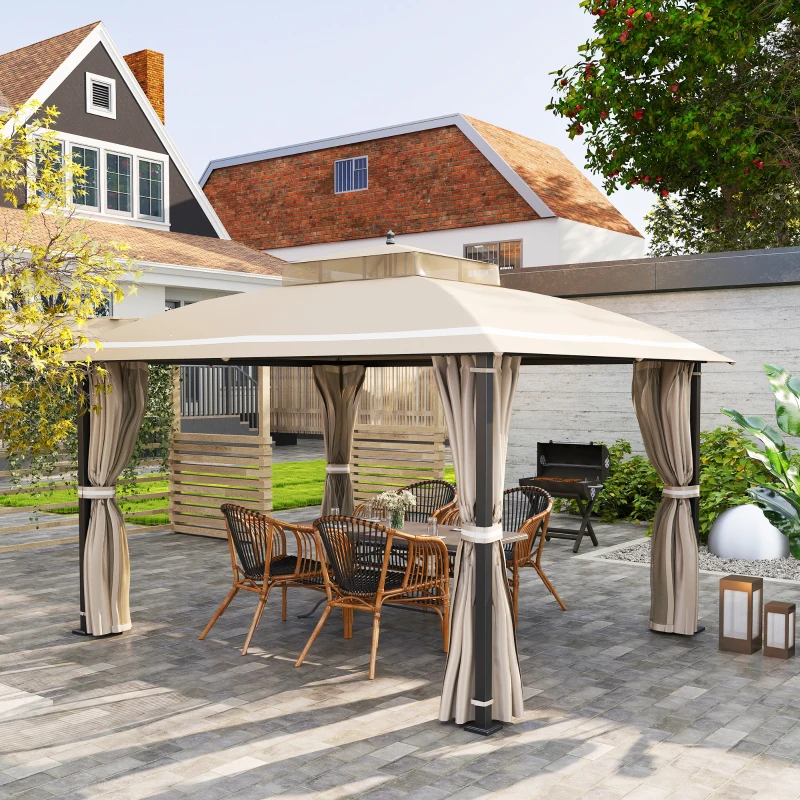 Outsunny Gazebo da Giardino 3.7 x 3 m con Zanzariera, Tende Laterali e Doppio Tetto, Beige