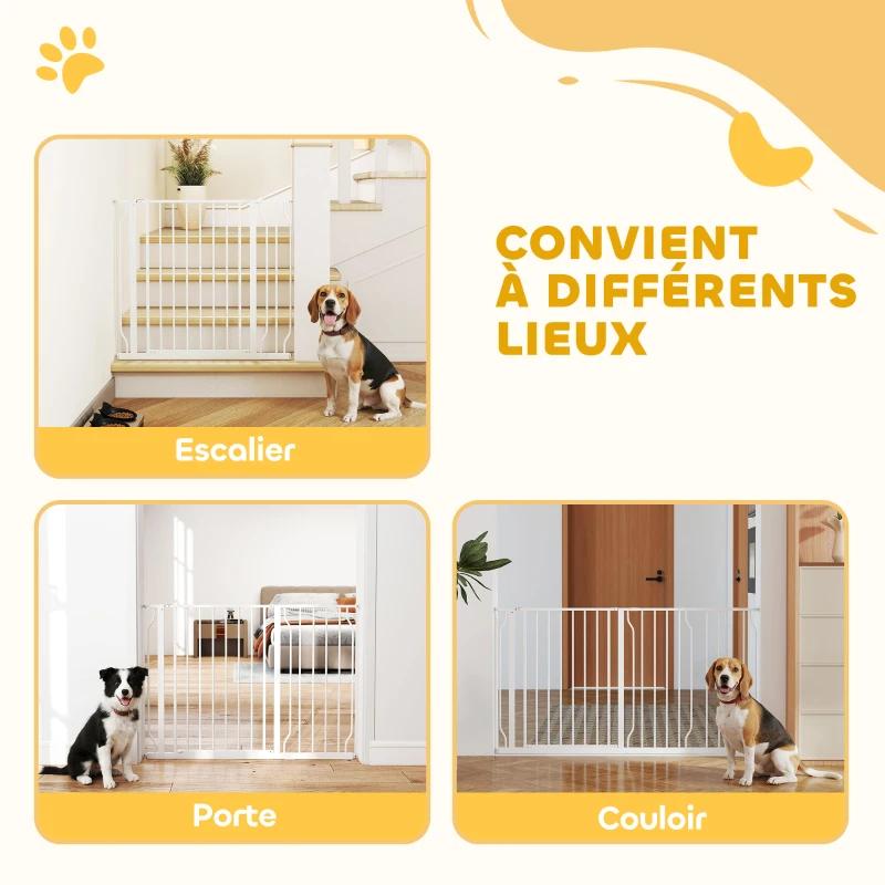 PawHut Barrière de sécurité chien barrière extensible 75-145 x 76 cm barrière escaliers couloirs portes sans perçage en acier et ABS blanc