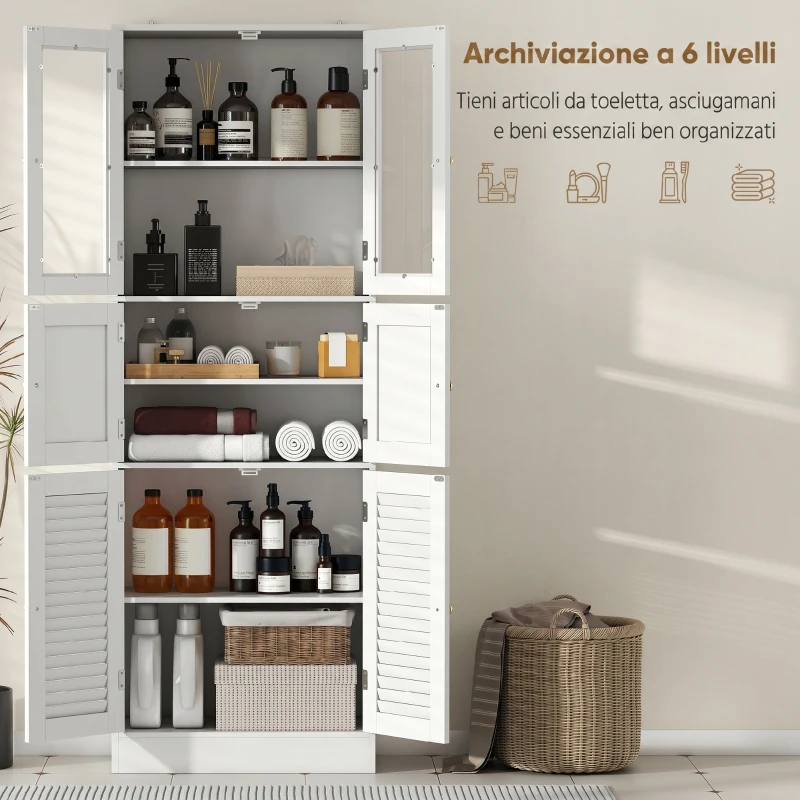 HOMCOM Columna de Baño Estrecha con Puertas de Vidrio Puertas de Lamas Estantes Ajustables 60x30x170 cm Blanco