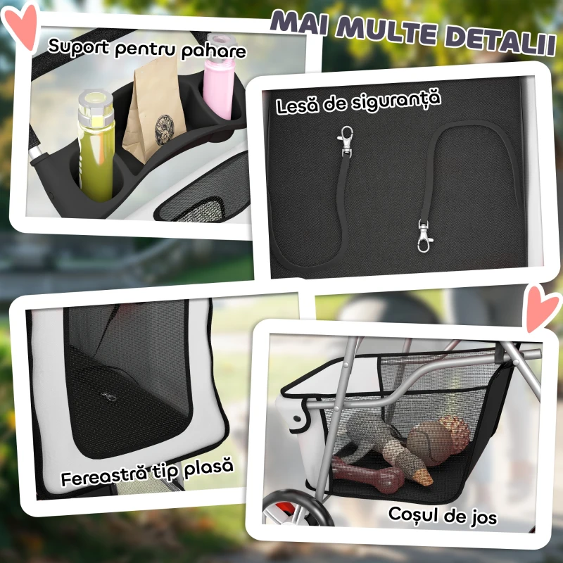 PawHut Cărucior pentru Câini Pliabil cu Husă de Ploaie, Roți Rotative și Pernă Lavabilă, Oțel și Poliester, Gri