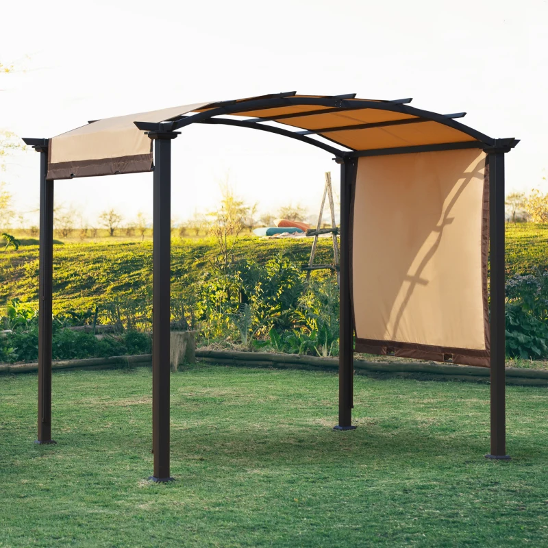 Outsunny Pergola con Tende Scorrevoli da Giardino 295x245cm, Gazebo a Pergola da Esterno in Metallo Cachi