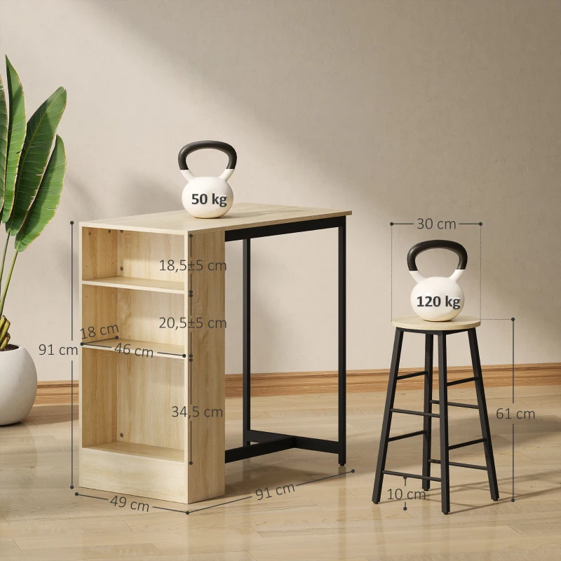 HOMCOM Conjunto Mesa Alta de Cocina con 2 Taburetes Reposapiés 3 Compartimentos Abiertos Estante Ajustable para Comedor Roble