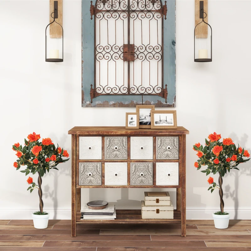Outsunny Plantă artificială de trandafir cu 21 de flori, ghiveci umplut cu ciment și mușchi, Ø18x90 cm, portocalie