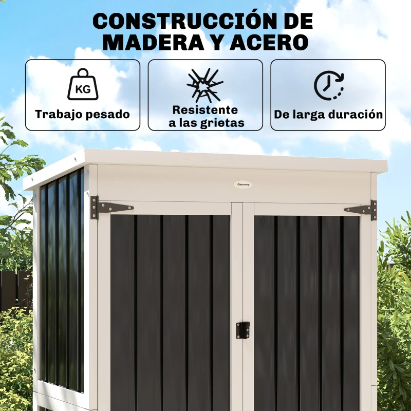Outsunny Caseta de Jardín de Madera y Acero 94x43x166 cm Armario para Herramientas con 2 Estantes Ajuatables y 2 Puertas Negro