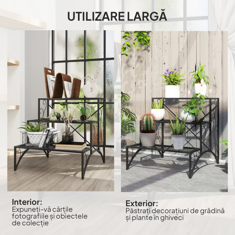 Outsunny Etajeră-suport pentru plante, cu 3 niveluri, în formă de scară, pentru interior și exterior, din metal, 60x60x60 cm, negru
