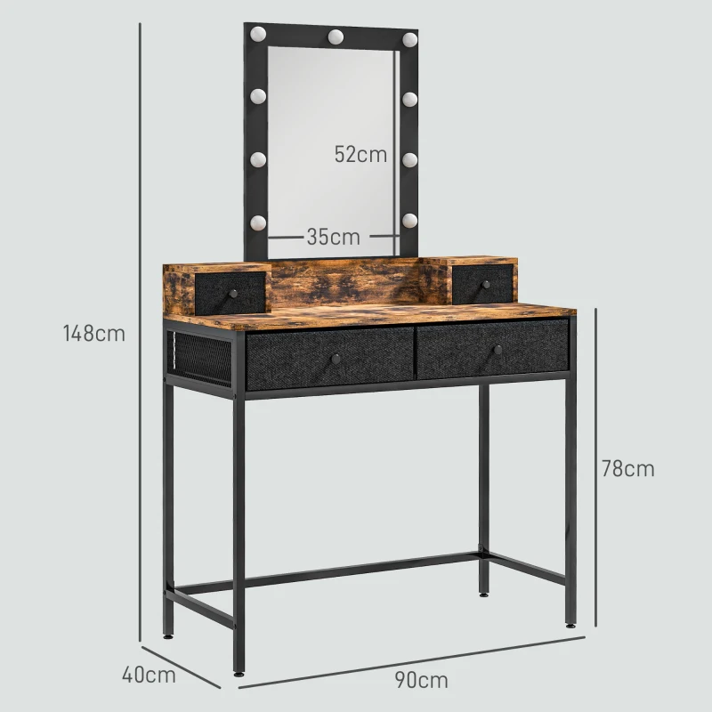 HOMCOM Coiffeuse table de maquillage miroir LED réglable intégré - pied en métal noir - 4 tiroirs en tissu - Aspect bois foncé