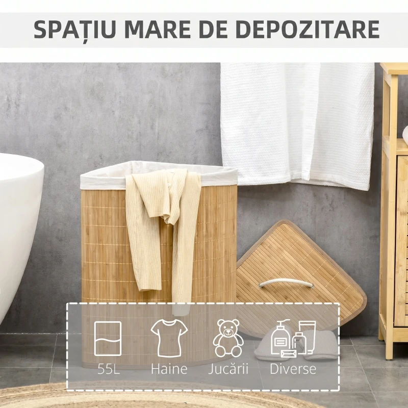 HOMCOM Coș pentru rufe cu capac triunghiular din bambus și țesătură, 38x38x57cm, culoare lemn
