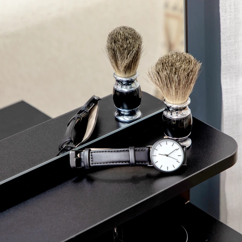HOMCOM Ensemble de coiffeuse table de maquillage avec tabouret rembourré grand miroir + plusieurs étagères ouvertes + 4 tiroirs blanc noir