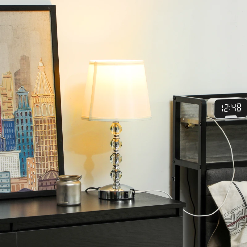 HOMCOM Lampada da Tavolo con Cristalli e Porta USB, in Metallo, Vetro e Poliestere, Ø23x45 cm, Bianco e Argento