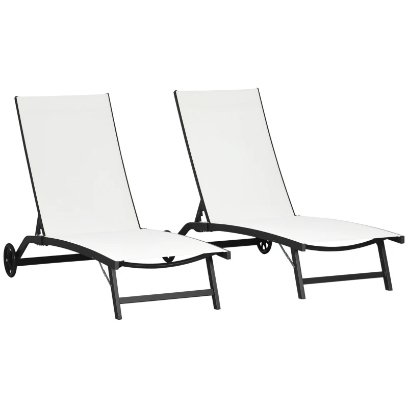 Outsunny Lot de 2 bains de soleil en aluminium et textilène avec roulettes dossier inclinable charge max. 150 Kg crème
