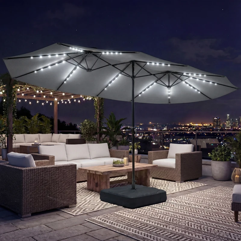 Outsunny Patio Umbrella Double-Sided Outdoor Umbrella with Solar Lights Base, Grey
