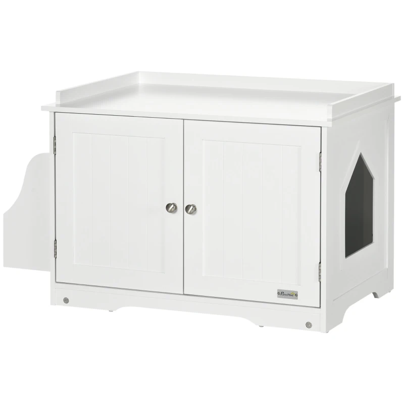 PawHut Maison de toilette pour chat design meuble cache litière 2 en 1 table d'appoint 2 portes avec cloison amovible blanc