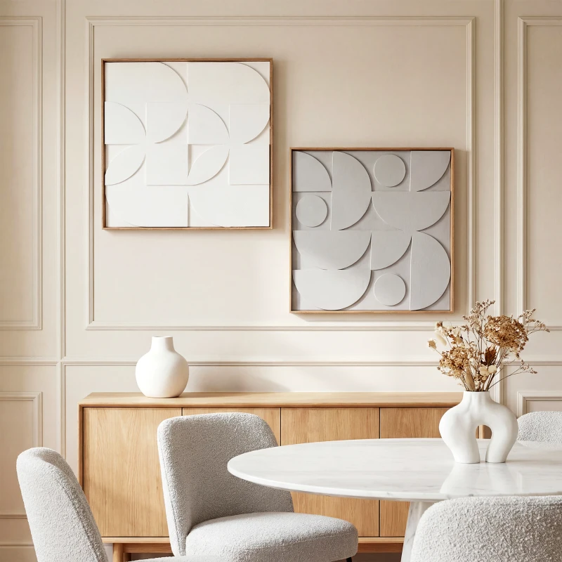 HOMCOM Lot de 2 tableaux abstraits 3D, décoration murale en bois géométrique, pour salon, chambre, bureau, 80 x 80 cm, blanc
