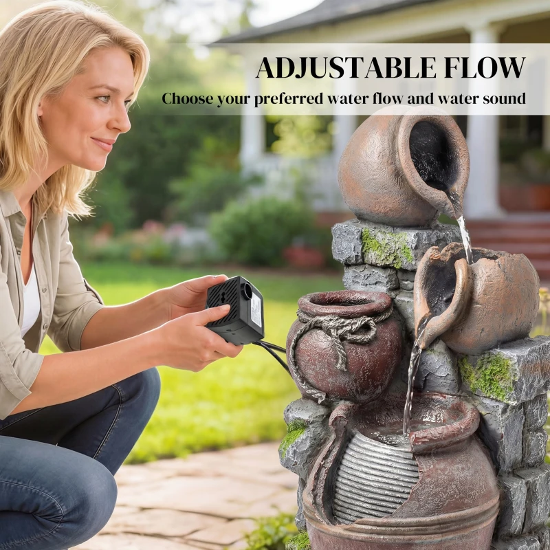 Outsunny Outdoor Fountain with 4-Tier Rustic Pots & Planter, Garden Fountain with LED Lights, Rustic Brown