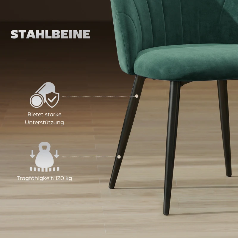 HOMCOM Armless Esszimmerstühle mit gebogener Rückenlehne 2er-Set, Samt-Optik Akzentstühle für Küche, Wohnzimmer, Dunkelgrün