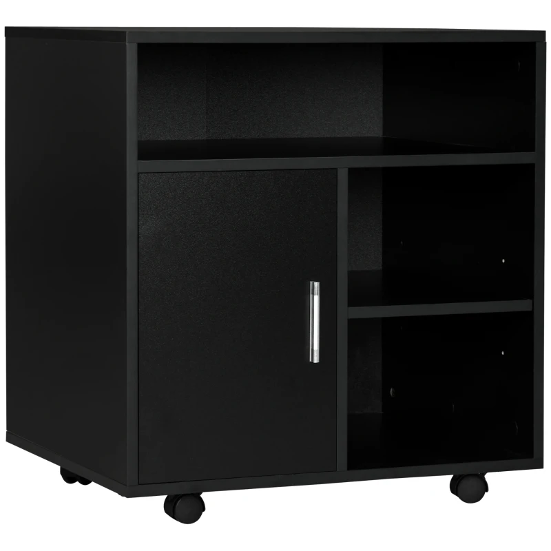 HOMCOM Mobile Porta Stampante a Rotelle con Armadietto e 3 Ripiani Aperti, in Legno, 60x50x65.5 cm, Nero