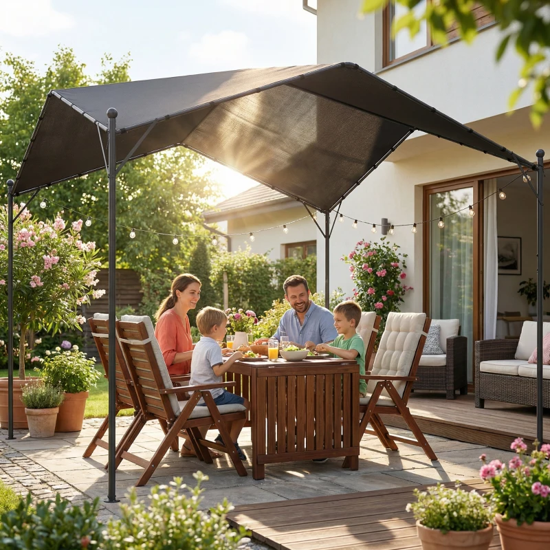 Outsunny Pérgola de Jardín 3x3 m con Dosel UPF30+ Estructura de Metal Galvanizado Techo Inclinado Pabellón para Exterior Gris