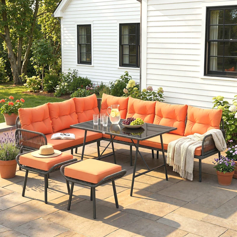 Outsunny 6 Piece Rattan Garden Furniture Set, 8 Seater Garden Corner Sofa with Cushions and Glass Top Table, Orange