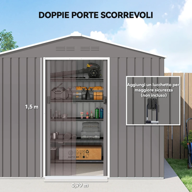 Outsunny Casetta da Giardino 2.3x1.7 m in Acciaio con Prese d'Aria e Doppia Porta Scorrevole, Effetto Legno