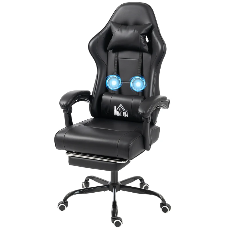HOMCOM Chaise gaming ergonomique, fauteuil gamer avec support lombaire massant, dossier inclinable, hauteur réglable, noir
