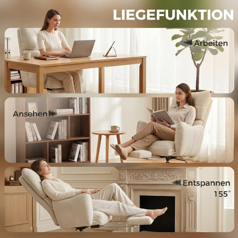 HOMCOM Bürostuhl mit Fußstütze, Ergonomischer Drehstuhl mit Wippfunktion, Verstellbarer Hohe Rückenlehne, Schneeflanellstoff