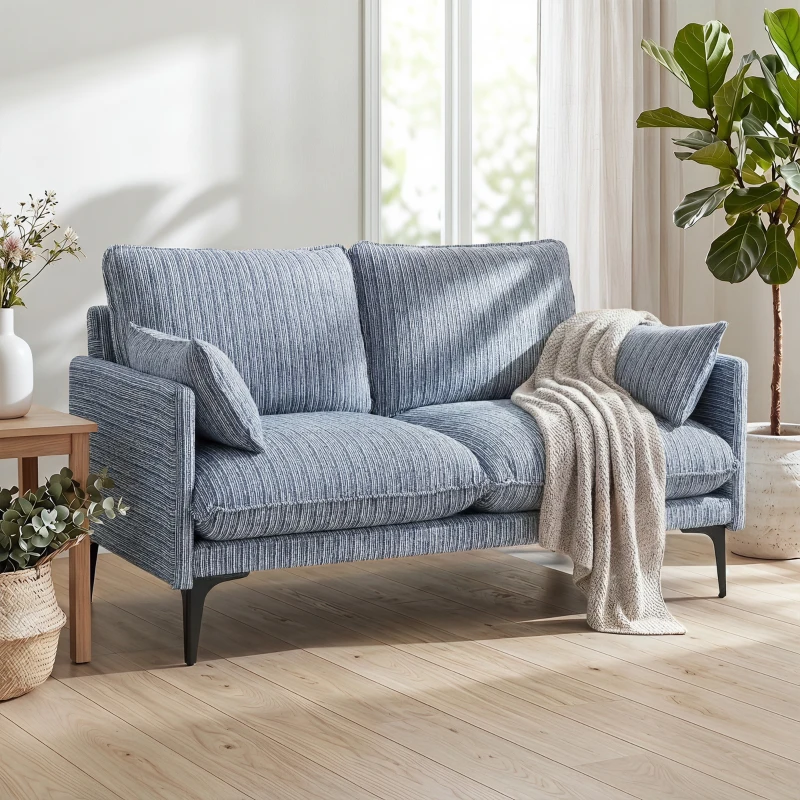 HOMCOM Divano 2 Posti in Tessuto con Braccioli, Imbottitura Spessa e 2 Cuscini, 131x78x83 cm, Blu