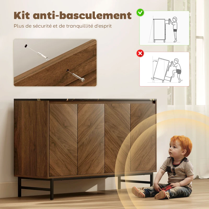 HOMCOM Meuble TV, meuble télé avec 4 portes, plateau effet marbre, étagères réglables, 120x39x76cm, noyer