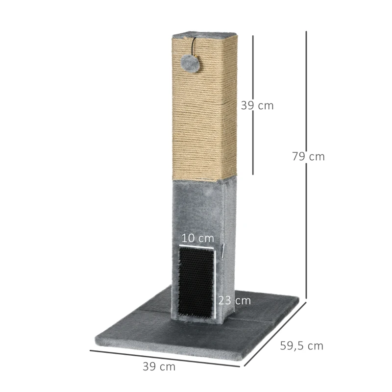 PawHut Albero Tiragraffi per Gatti con 2 Palline Giocattolo e Spazzola, in Legno, Iuta e Peluche, 59.5x39x79 cm, Grigio