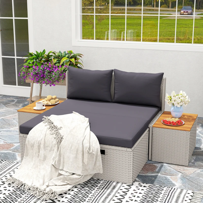 Outsunny Polyrattan Sonnenliege für 2 Personen Doppelliege mit Fußhocker Stauraum Auflagen 125x114x72,5 cm Grau(m-10)