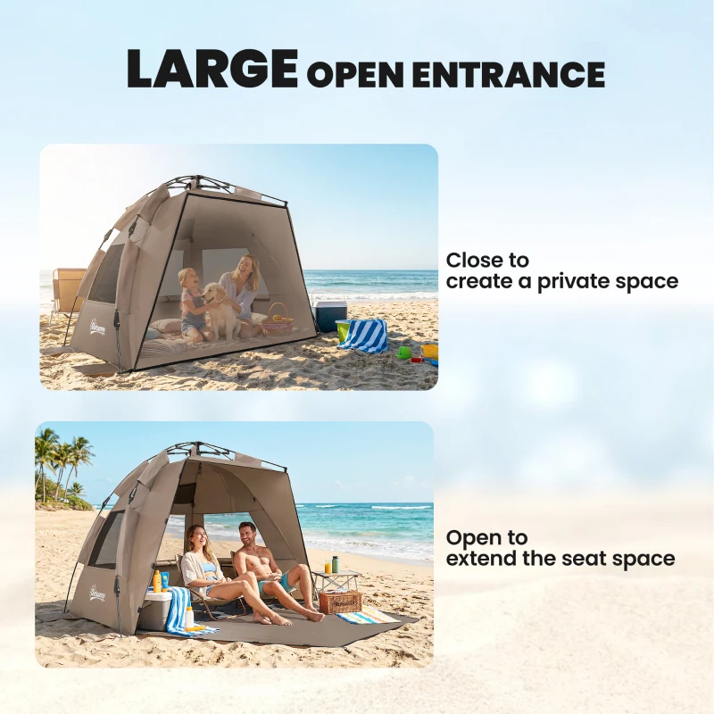 Outsunny 2-3 Person Pop Up Beach Tent, UPF15+ Sun Shelter with Extended Floor, Sandbags, Mesh Windows and Carry Bag, Brown