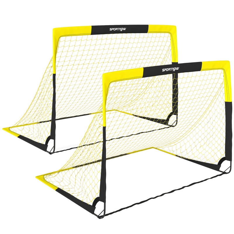 SPORTNOW Set of 2 Pop Up Football Goal, Portable Folding Football Net with Carry Bag, 8 U-Shaped Ground Stakes, Fibreglass Pole